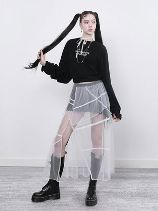 [AnyQ] Contrast stitching slit mesh long skirt