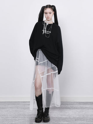 [AnyQ] Contrast stitching slit mesh long skirt