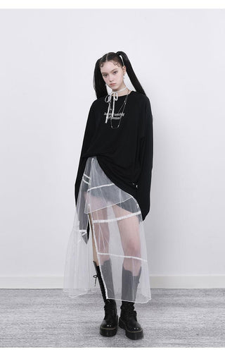 [AnyQ] Contrast stitching slit mesh long skirt