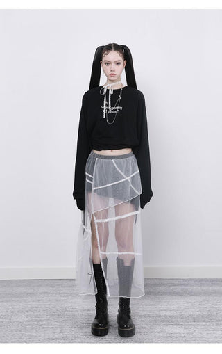 [AnyQ] Contrast stitching slit mesh long skirt
