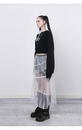 [AnyQ] Contrast stitching slit mesh long skirt