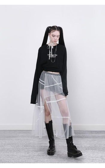 [AnyQ] Contrast stitching slit mesh long skirt