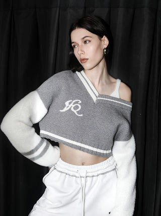 [AnyQ] Color contrast cropped fur sweater