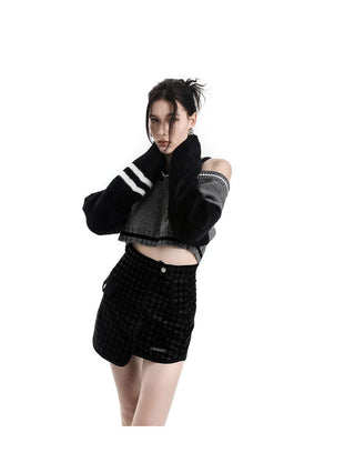 [AnyQ] Color contrast cropped fur sweater