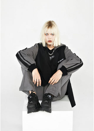 [AnyQ] Black and gray stitching hooded jacket