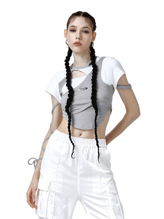 [AnyQ] Deconstructed hollow lace-up tight short sleeves