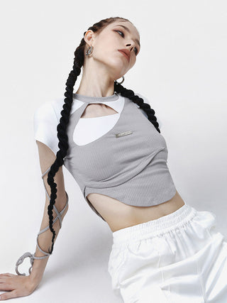 [AnyQ] Deconstructed hollow lace-up tight short sleeves