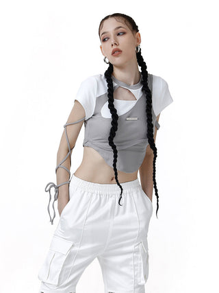 [AnyQ] Deconstructed hollow lace-up tight short sleeves