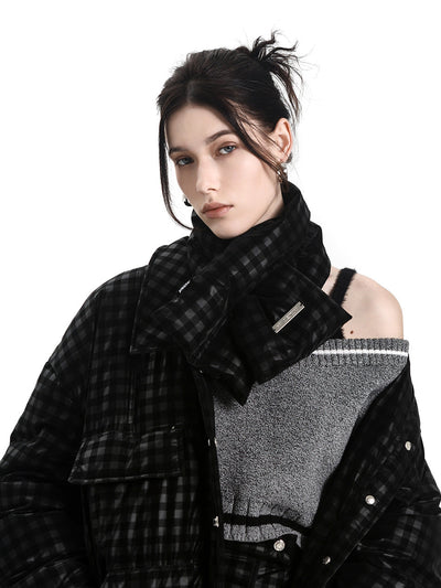 [AnyQ] Black dark grid down warm scarf