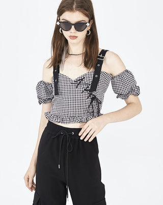 [AnyQ] Checkered ruffle sleeves detachable top