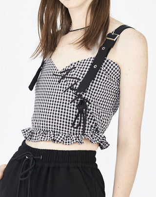 [AnyQ] Checkered ruffle sleeves detachable top