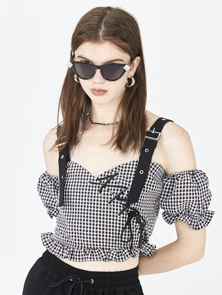 [AnyQ] Checkered ruffle sleeves detachable top