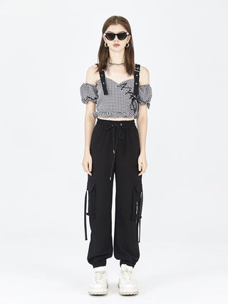 [AnyQ] Checkered ruffle sleeves detachable top