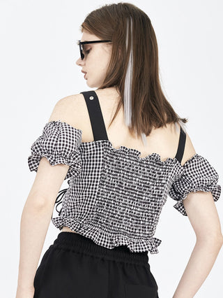 [AnyQ] Checkered ruffle sleeves detachable top