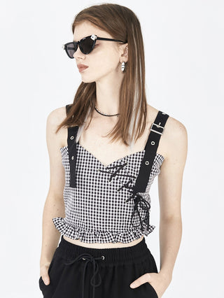 [AnyQ] Checkered ruffle sleeves detachable top