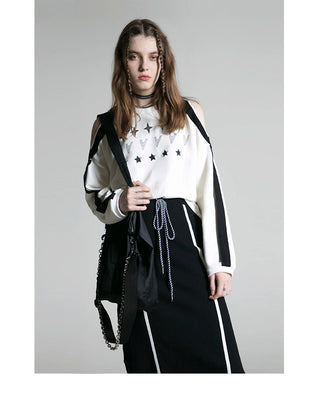 [AnyQ] Contrasting print stripe off-shoulder T-shirt