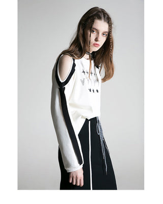 [AnyQ] Contrasting print stripe off-shoulder T-shirt