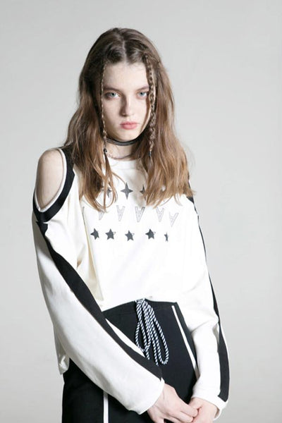 [AnyQ] Contrasting print stripe off-shoulder T-shirt