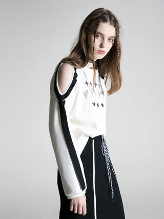 [AnyQ] Contrasting print stripe off-shoulder T-shirt