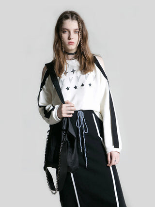 [AnyQ] Contrasting print stripe off-shoulder T-shirt