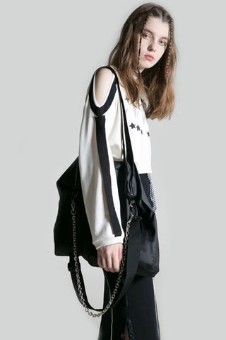 [AnyQ] Contrasting print stripe off-shoulder T-shirt