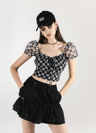 [AnyQ] Checkered puff sleeves with strappy tights