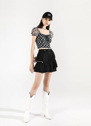 [AnyQ] Checkered puff sleeves with strappy tights