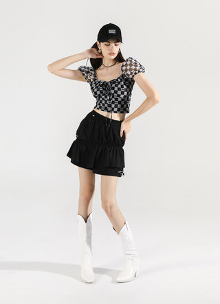 [AnyQ] Checkered puff sleeves with strappy tights