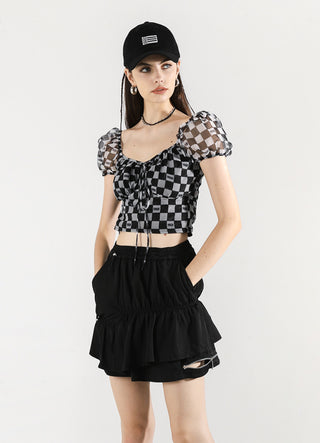 [AnyQ] Checkered puff sleeves with strappy tights
