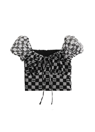 [AnyQ] Checkered puff sleeves with strappy tights