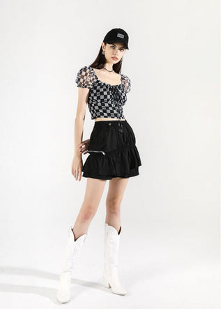 [AnyQ] Checkered puff sleeves with strappy tights
