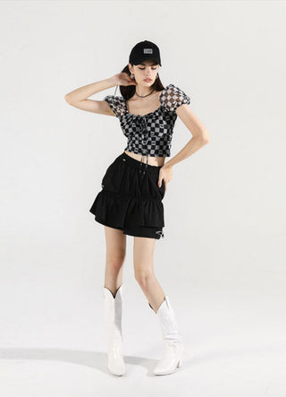 [AnyQ] Checkered puff sleeves with strappy tights