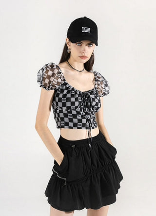 [AnyQ] Checkered puff sleeves with strappy tights
