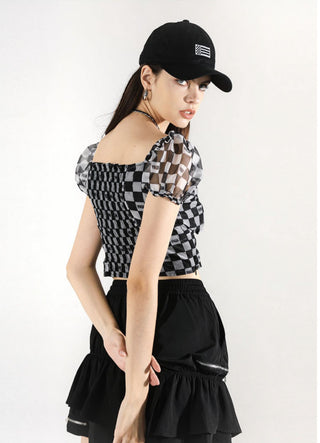 [AnyQ] Checkered puff sleeves with strappy tights