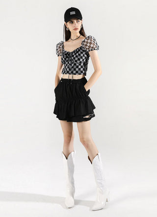 [AnyQ] Checkered puff sleeves with strappy tights