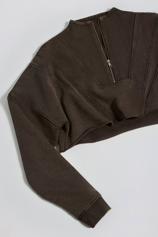 Cotton Jersey Acid Wash Cropped Sweatshirt in Brown