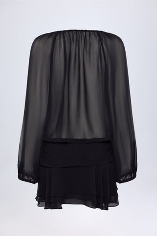 Lace-Up Balloon-Sleeve Mini Dress in Black