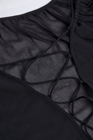 Lace-Up Balloon-Sleeve Mini Dress in Black