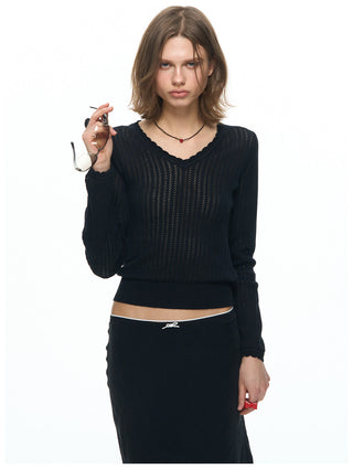 [NECY] Wavy Black Ribbed Slim Knit