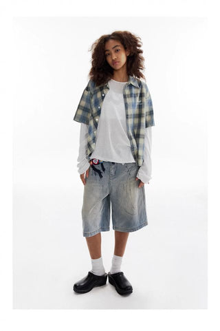 CONP Asymmetric bias-cut plaid shirt (blue)