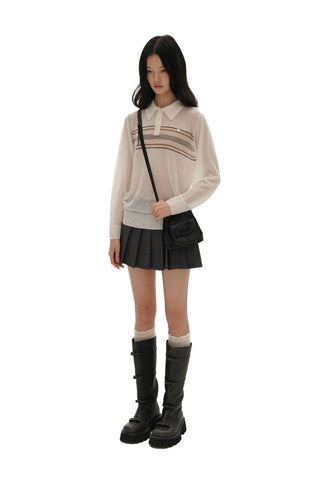 [moromoro2] Striped Polo Knit Top