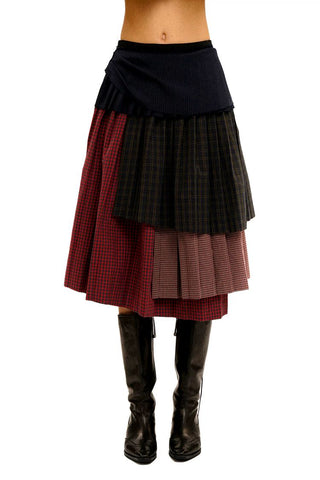 [Moromoro2] Layered Plaid Patchwork Midi  Skirt