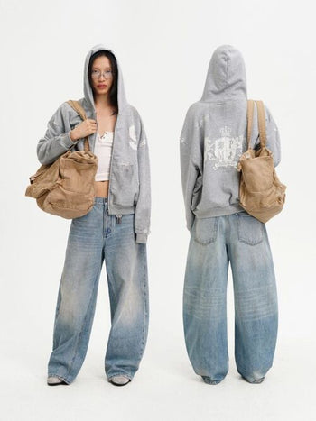 [MASONPRINCE] Boxy Fit Distressed Patch Zip-Up Hoodie