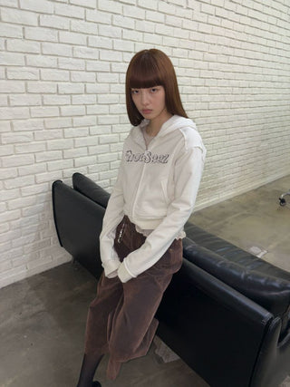 [NeverSeez] Cropped Raw Edge Hooded Zip-Up