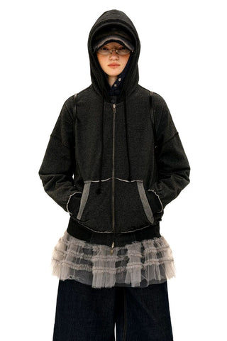 [Moromoro2] Raw-Edge Reversible Waffle Zip  Hoodie