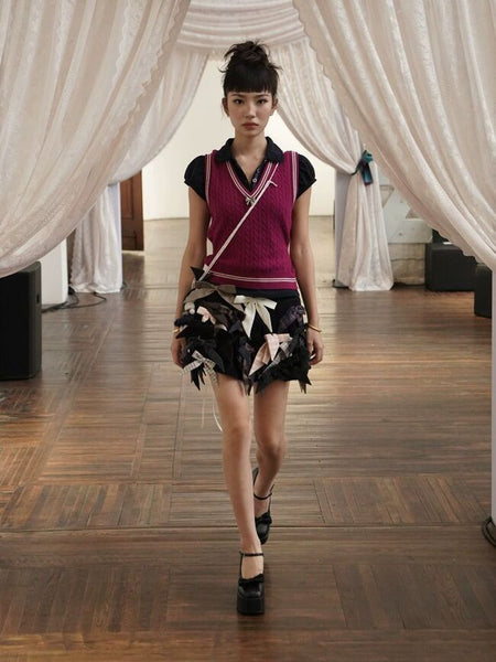 [Moromoro2] Multi-Bow Irregular Pleated Mini  Skirt