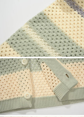 [Monterest] Open Knit Striped Short Sleeve Cardigan