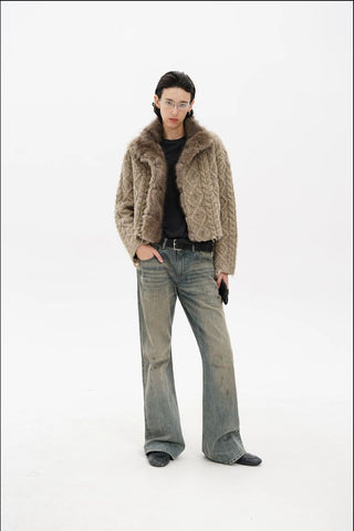 [MASONPRINCE] Cable Knit Fur Collar Wool Blend Cardigan