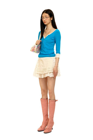 [Moromoro2] Layered Henley Top with Contrast  Trim