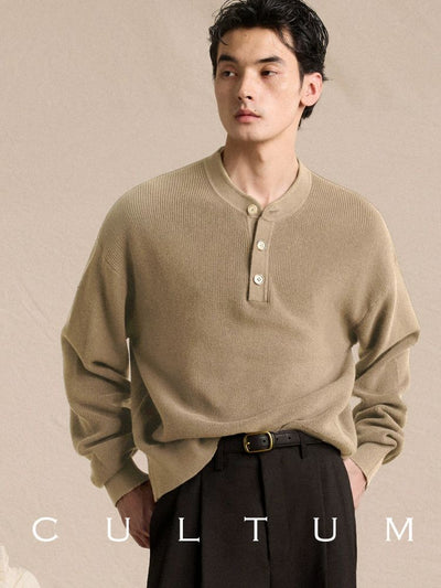 [CULTUM] Cotton Henley Neck Relaxed Knit Top